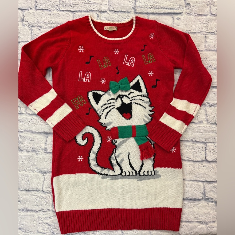 It's Our Time Red Knit Cat Christmas Sweater, ladies sz L.